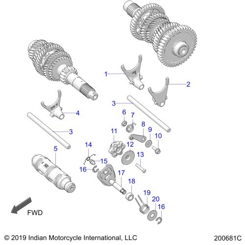 DRIVE TRAIN, SHIFT FORKS AND DRUM