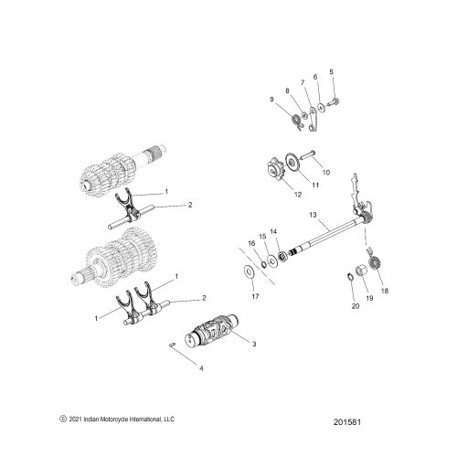 DRIVE TRAIN, SHIFT FORKS, RATCHET AND DRUM